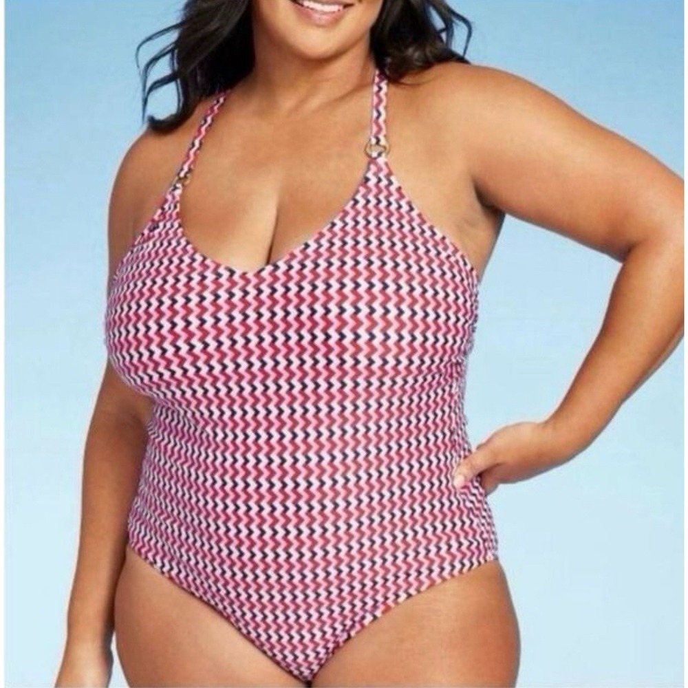 Kona Sol One Piece Swimsuit Red White Chevron Zigzag Size 20‎ New Bathing Suit